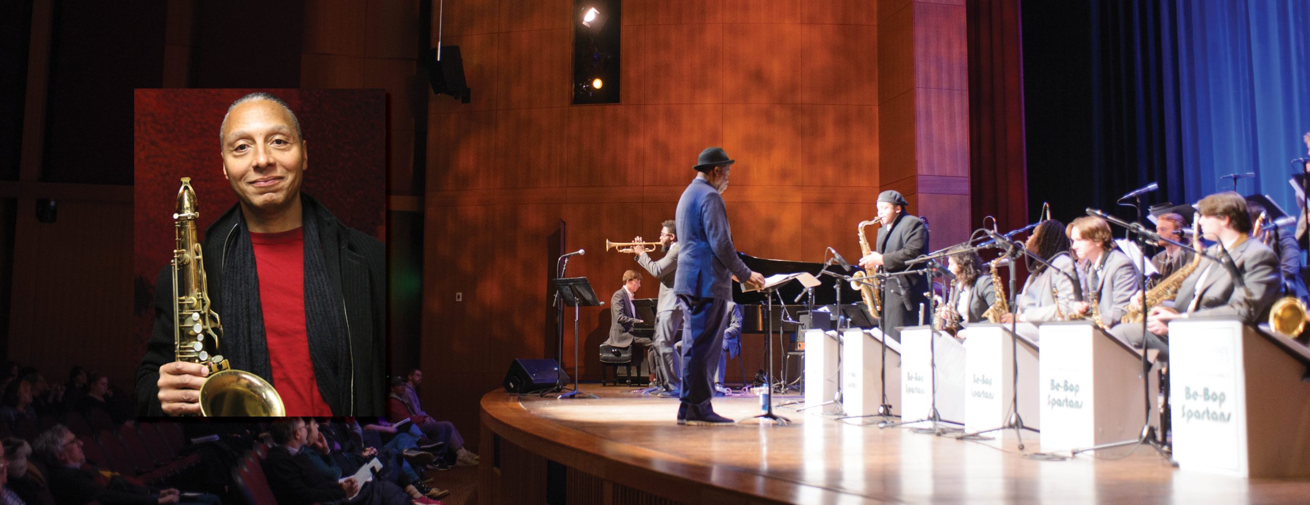 Wide image showing MSU Jazz Orchestras performing on stage in front of a conductor. Inset image on the left shows headshot of guest artist Ralph Moore holding a saxophone.