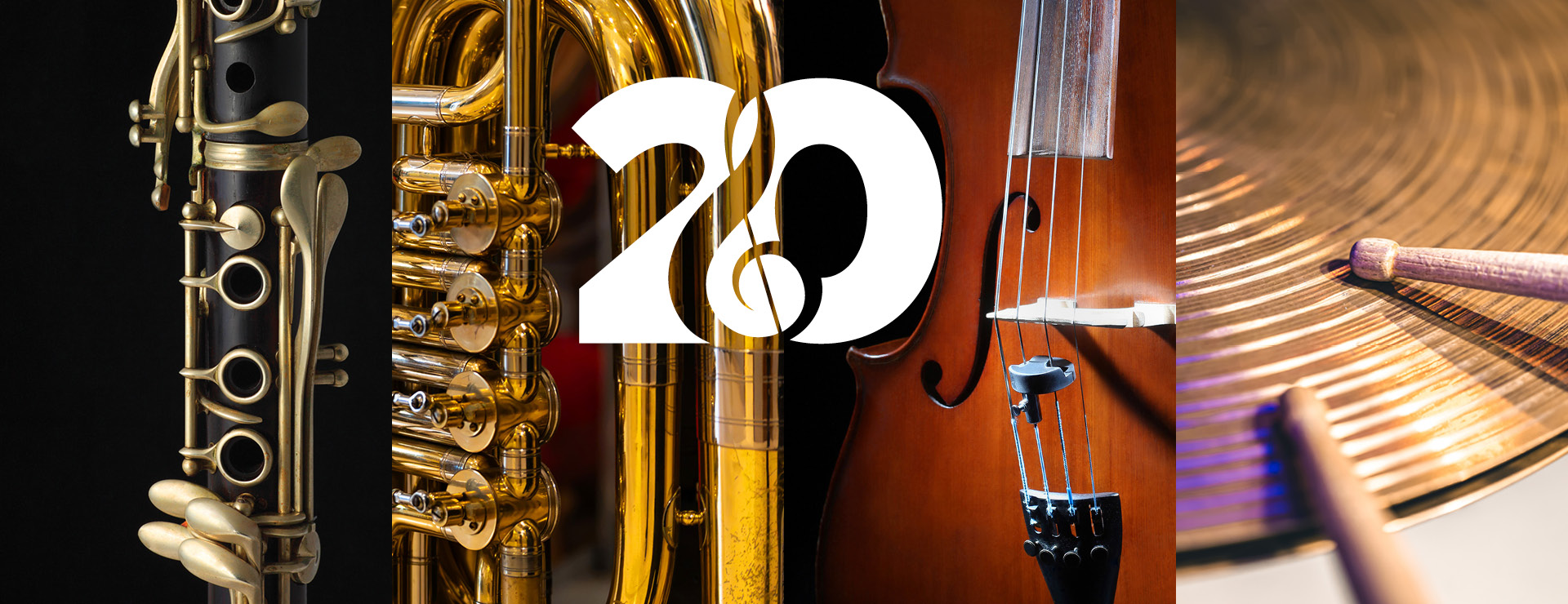 Photo collage of instrument closeups: Left to right; clarinet, tuba, cello, cymbal and drumsticks. White, decorative graphic over the top signifies the number 20 integrated with a treble clef