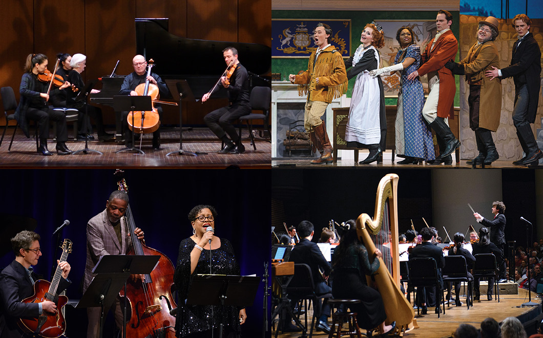 Collage of four event photos: Upper left, chamber music setting on stage; upper right, opera theater performance; lower left, jazz trio; lower right, orchestra performance on stage.