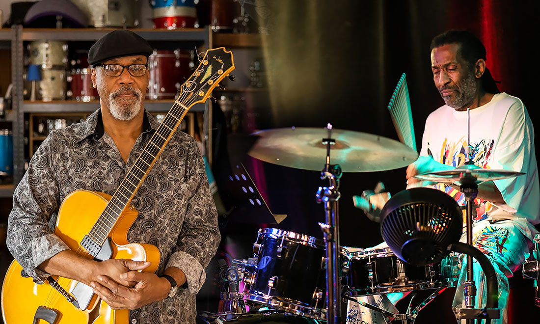 photo collage of two jazz artists, guitarist to the left holds instrument with steady gaze at camera, and jazz drummer on the right is performing