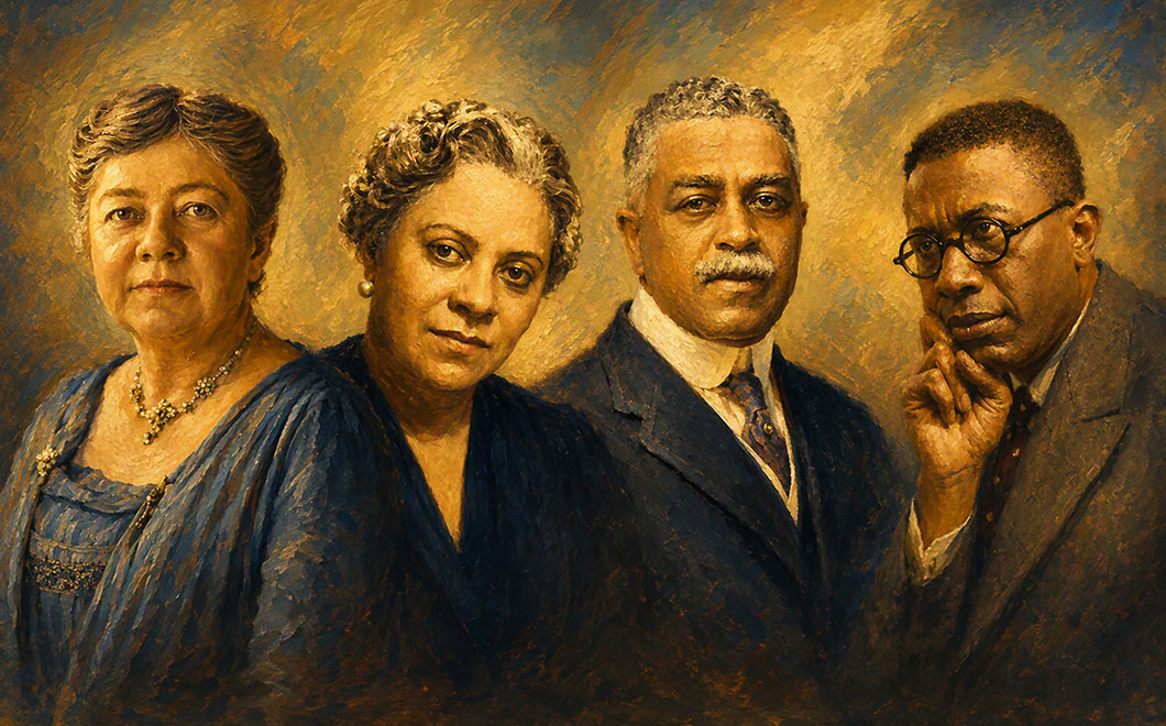 Renderend portrait of four American composers, painterly style showing Amy Beach, Florence Price, H. T. Burleigh, and Hall Johnson