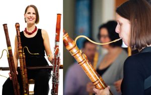 Bassoonist, split image of Stephanie Corwin; left, portrait holding multiple bassoons and smiling; right, performing