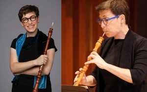 Oboist, split image of Debra Nagy; left, portrait holding instrument and smiling; right, performing