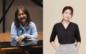 Split image representing artist-pianist Lisa Sung shown seated at piano next to theatre director Ji Won Jeon standing for portrait.