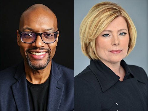 Side-by-side photo portraits: Choral conductor Derrick Fox, formally dressed, smiling and looking at the camera, Choral conductor Sandra Snow, formally dressed, looking at the camera.