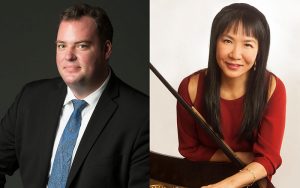 Side by side photos, portraits of musicans, vocalist seated formerly dressed with subtle smile and looking at camera. Pianist smiling and looking at camera, wearing a red top and leaning on edge of piano