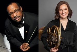 Side by side portraits of guest artists, formerly dressed; left, conductor Alfred Watkins looking at camera and holding baton; right, Johanna Yarbrough holding horn, smiling and looking at camera.